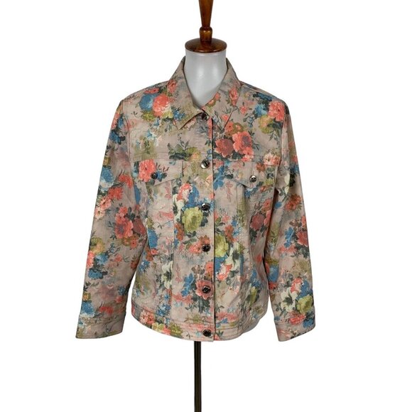 Simon Chang Denim Jacket 12 Floral Print Vintage Retro Artsy Statement - Picture 1 of 6